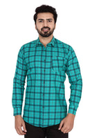 Men's Turquoise Cotton Blend Checked Long Sleeves Slim Fit Casual Shirt (5646137458849)